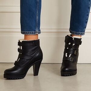 BROWNS | Black Leather Belted & Buckle Ankle Heel Booties Sherpa Interiors SZ 40